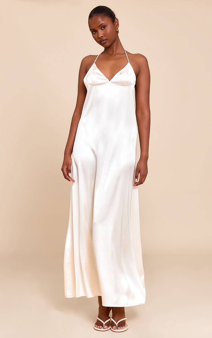 Crème Robe Longue Nuisette En Satin À Dos Lacé
