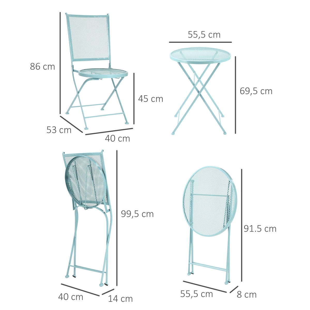 Outsunny 3-delige tuinmeubelset, bistroset, 55,5L x 55,5B x 69,5H cm, metaal, blauw
