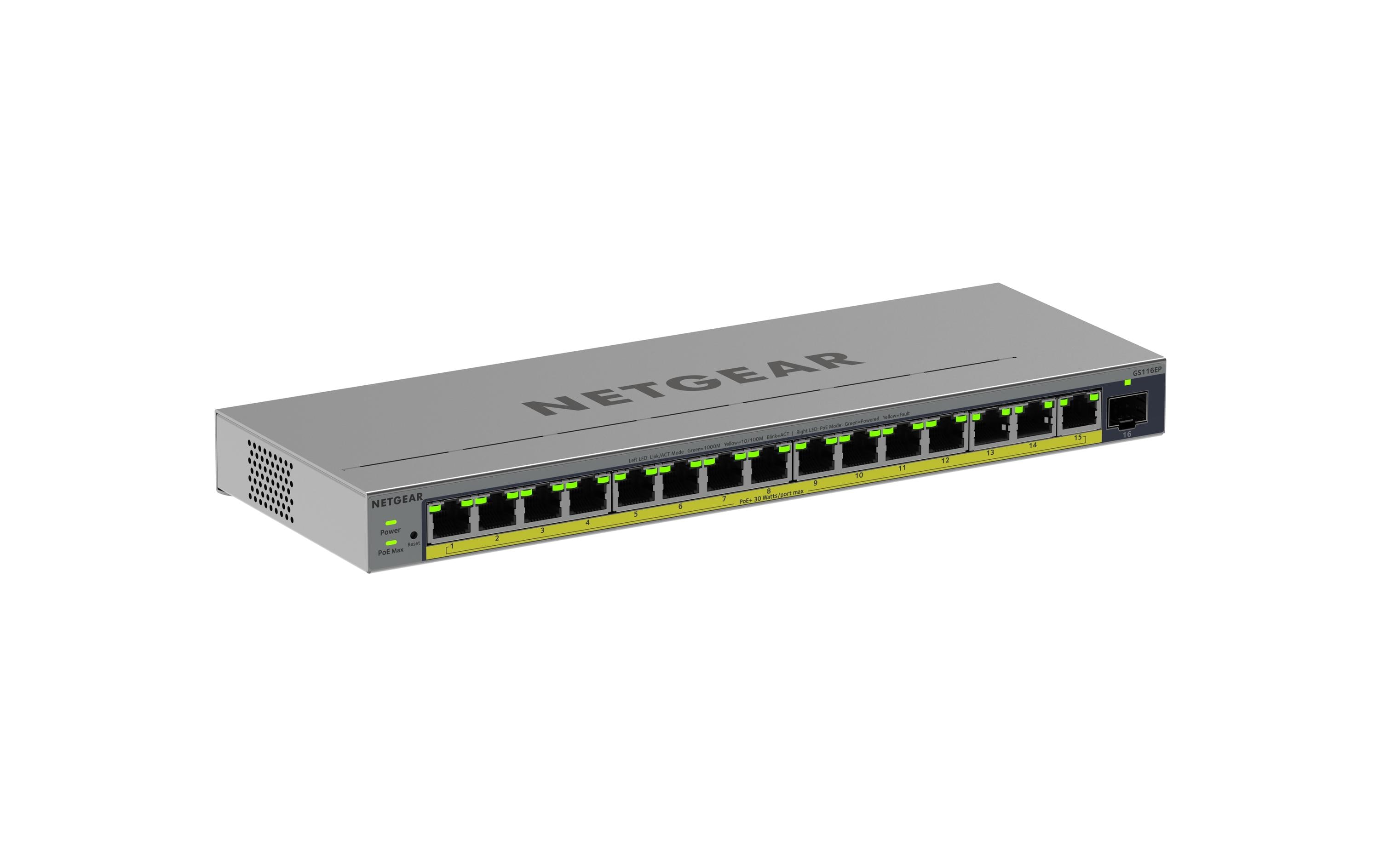 PoE+ Switch GS116EP-100EUS 16 Port<br>16-Port PoE+ Gigabit Ethernet Plus Switch mit PoE+ (180 W) und 1 SFP Port