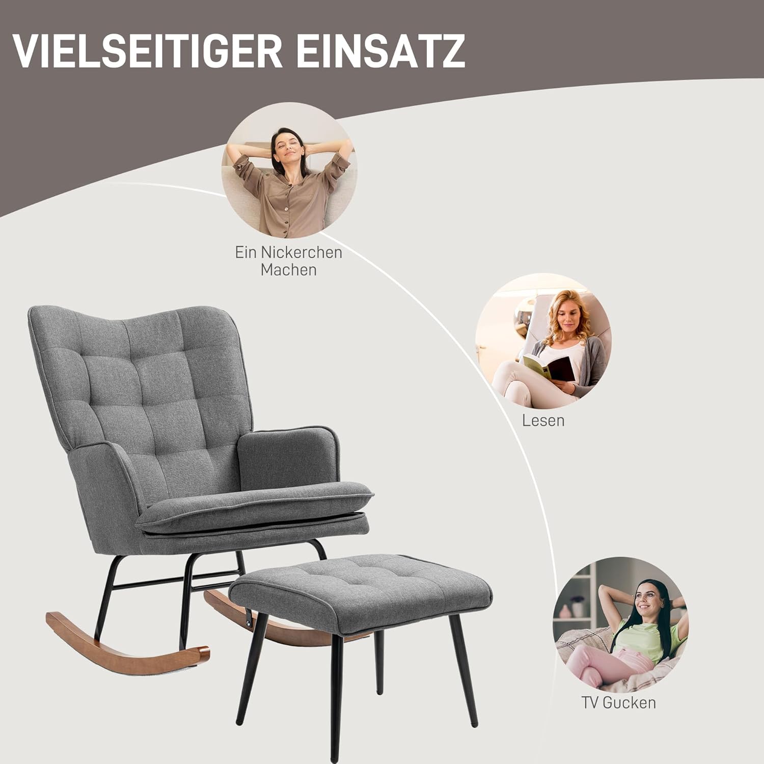HOMCOM Schaukelstuhl Schwingsessel mit Hocker, Armlehnsessel, Sessel mit Leinenoptik, Schaukelsessel bis 130 kg Belastbarkeit für Schlafzimmer, Wohnzimmer, Dunkelgrau