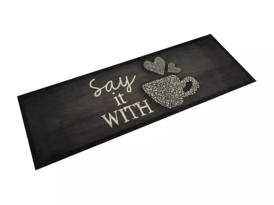 Tapis de cuisine lavable imprimé tasse noir 60x180 cm velours
