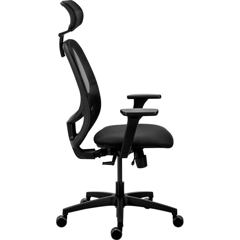 Chaise de bureau ergonomique NODI Noir, tissu et maille, avec accoudoirs 3D et appui-tête, mécanisme synchrone + réglage profondeur d'assise, pieds noirs