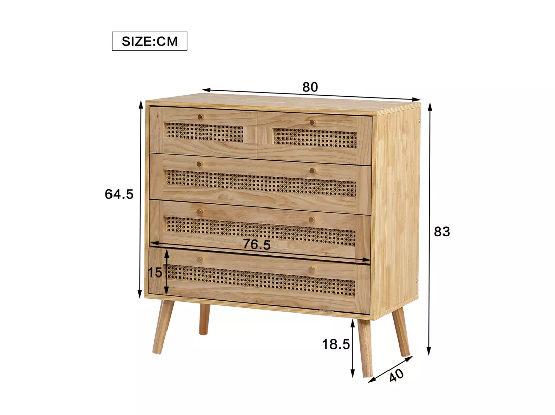 Commode Armoire avec 3 tiroirs,buffet avec plateau de tiroir en rotin,panneaux de particules,80x40x83 cm