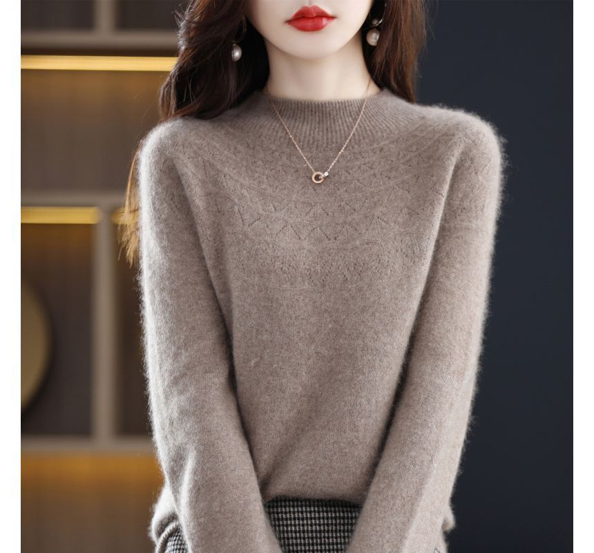 Weelop - Lange mouwen mockneck zigzag geperforeerde effen wollen gebreide top