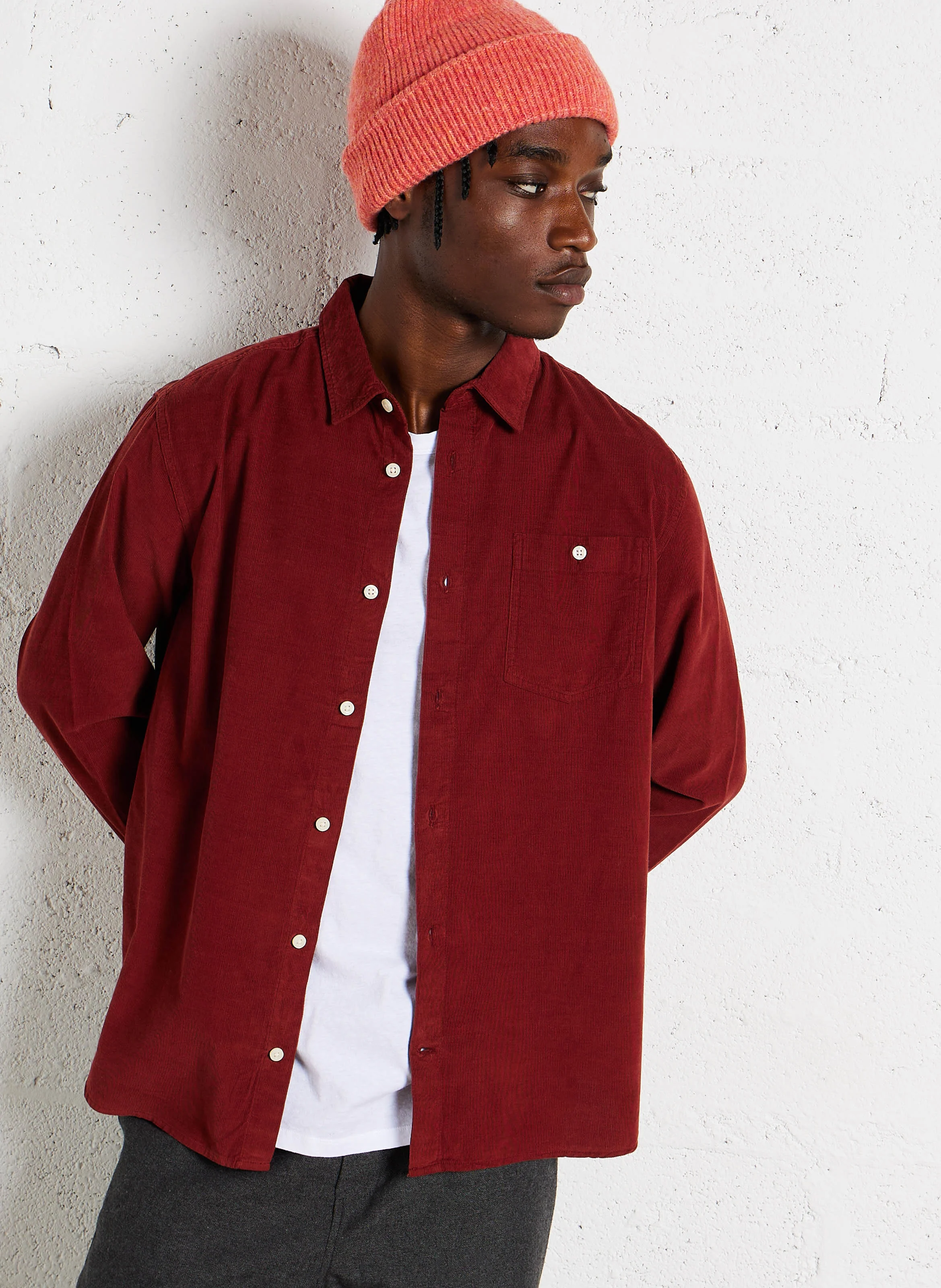 Chemise col classique aspect velours côtelé en coton bio | Rouge