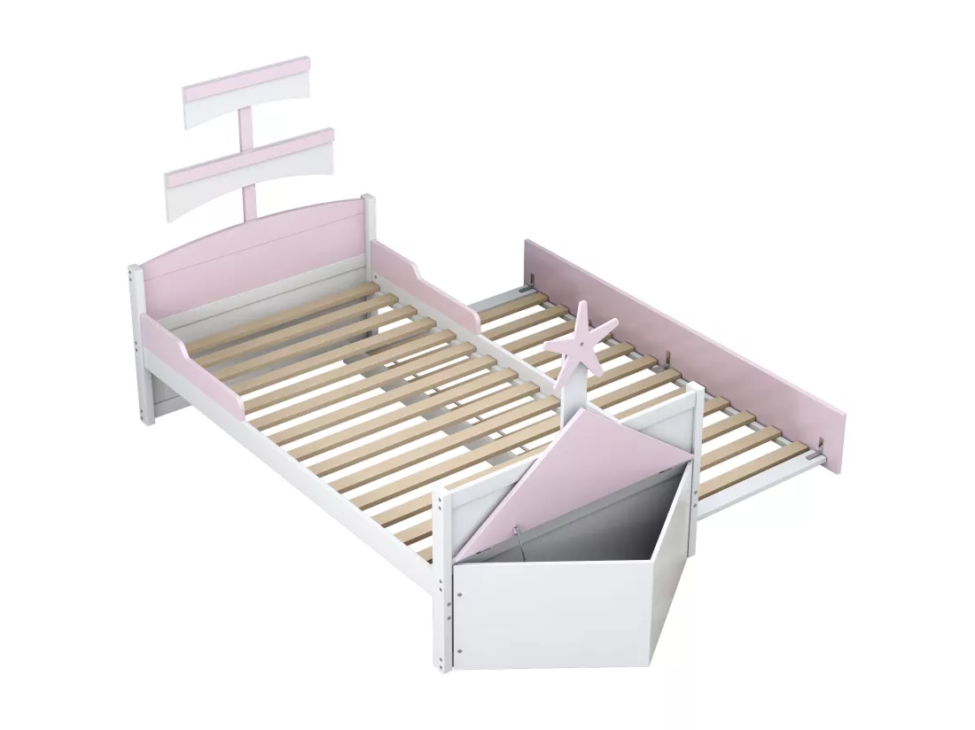 Lit enfant 90x200cm en bois - avec lit gigogne 90x190cm et une coffre - en forme de voilier - Rose