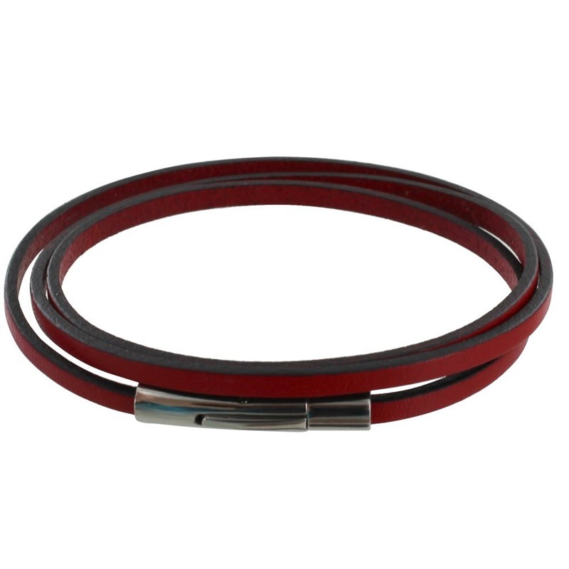 Bracelet Femme Cuir Plat Fermoir Acier Inoxydable - Classics - Rouge