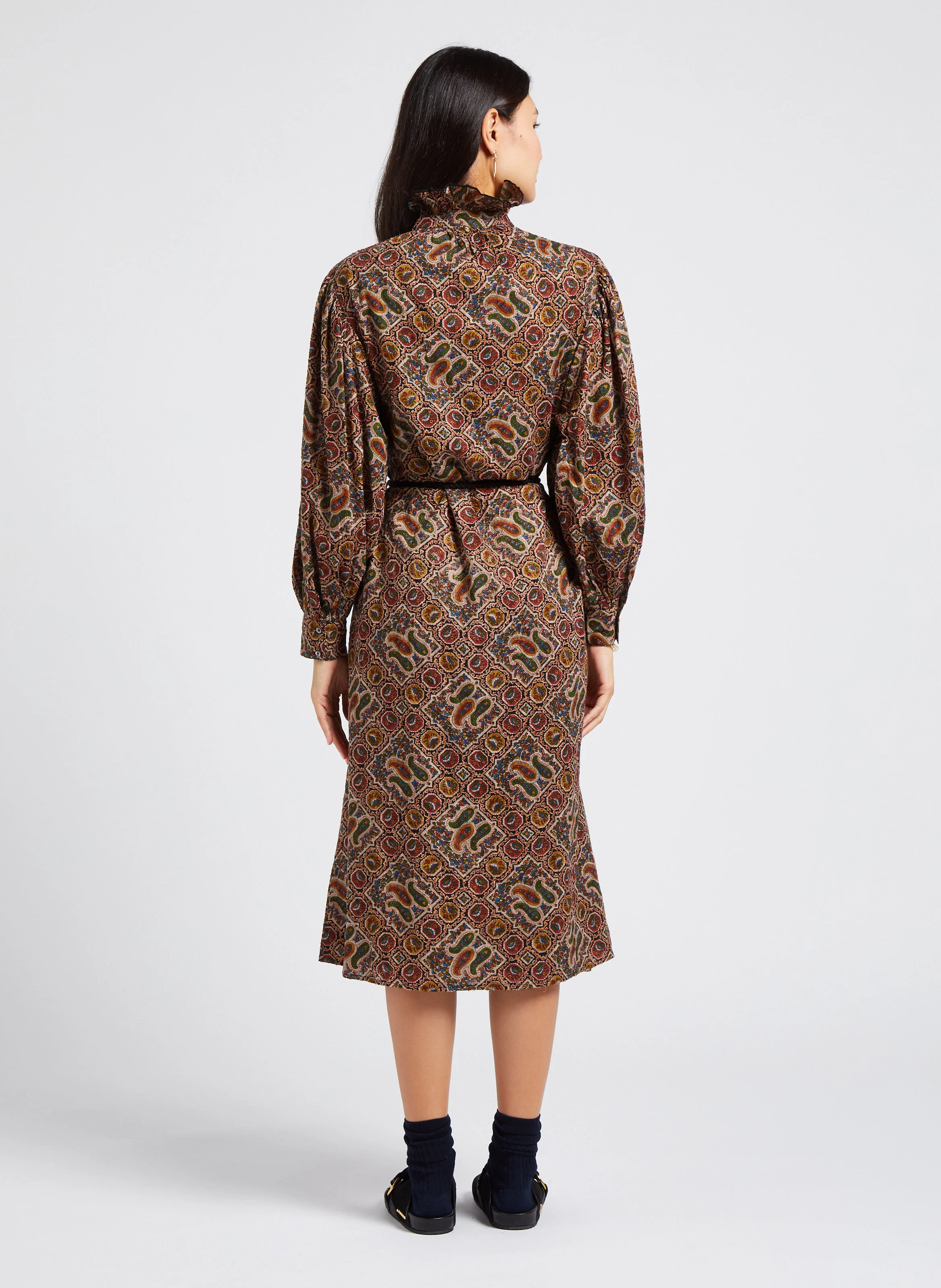 ZINA - Robe longue droite col victorien en coton | Multicolore