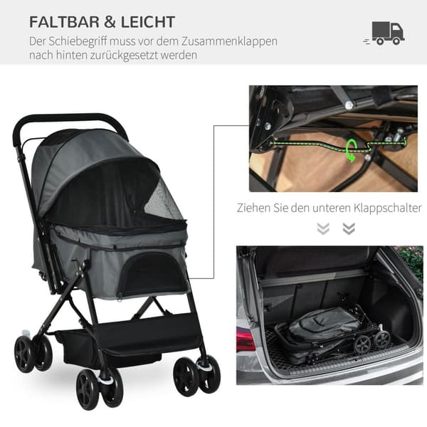 Dog Buggy Elegant Hundevogn For Små Hunder Og Katter, Kjæledyrvogn, Kattevogn, Oxford, Mørkegrå, 76,5X52X95Cm