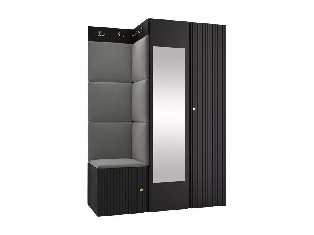 Meuble d'entrée Hartford 388, 186x116x46cm, Miroir, Gris|Noir, MDF|Stratifié|Tapisserie