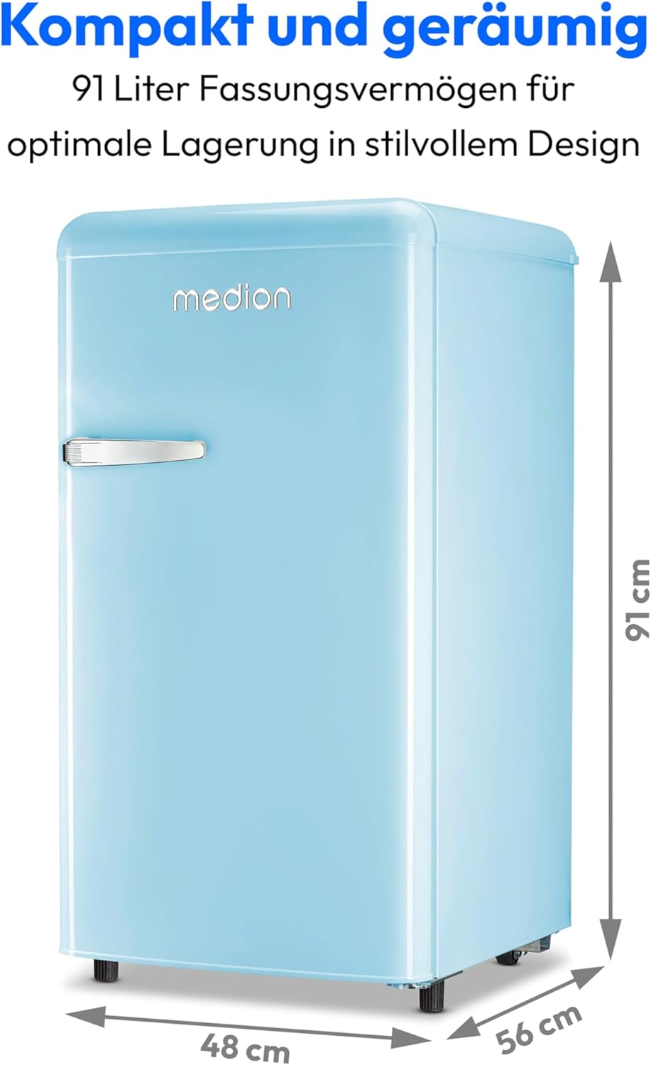 MEDION Retro Kühlschrank (91 Liter, 91cm Höhe (höhenverstellbare Füße), höhenverstellbare Glasablagen, transparente Gemüseschublade, freistehend, Türanschlag rechts, Metall Türgriff, MD37800) blau
