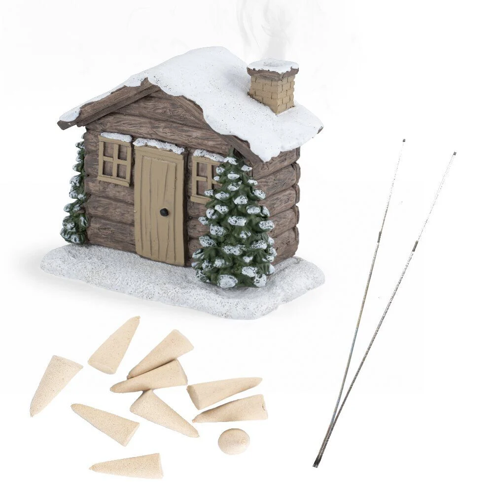 Brûleur cône encens forme chalet enneigé 13x7,5x13cm