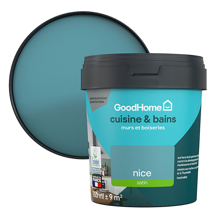 Peinture cuisine et salle de bains GoodHome bleu métallique Nice satin 750ml