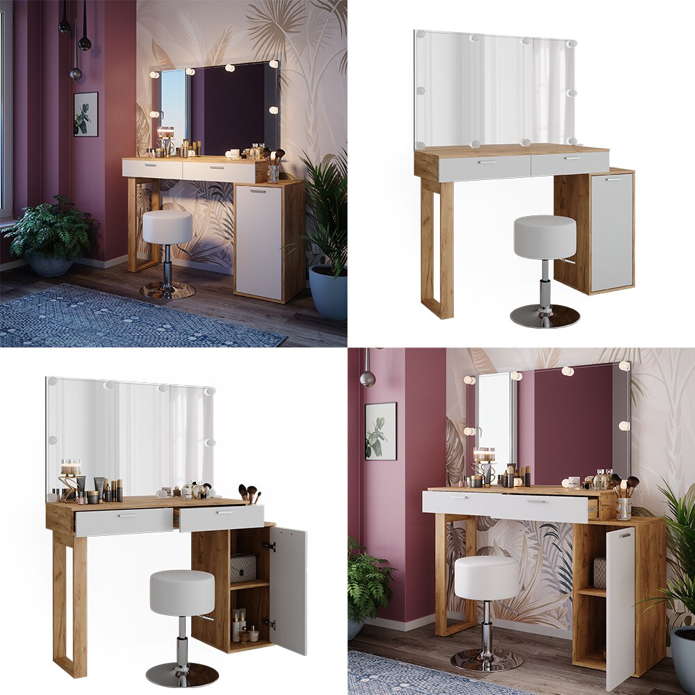 Vicco Schminktisch Regina Eiche Weiß 130 cm mit Beleuchtung und Hocker