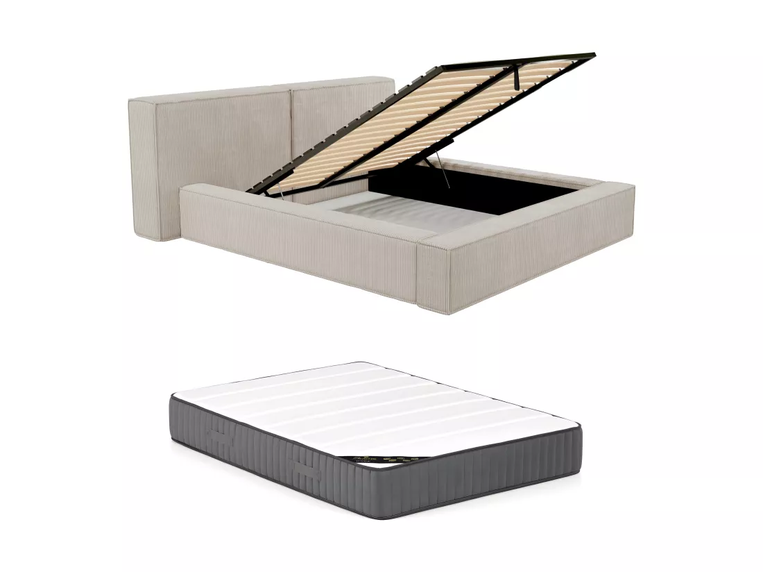 Lit coffre 180 x 200 cm - Velours côtelé - Beige + Matelas - TIMANO de Pascal Morabito
