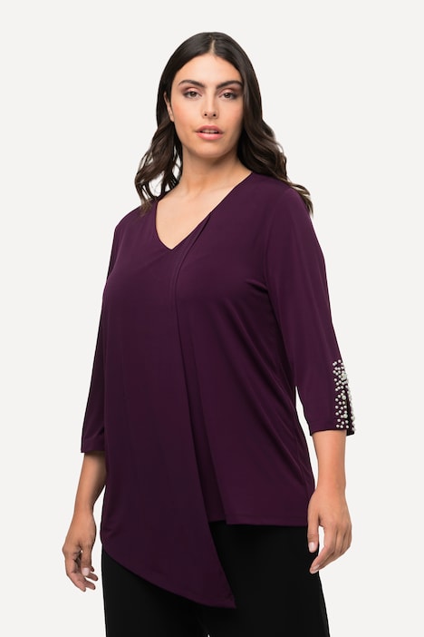 Bluse, Zierfalte, Perlen, A-Linie, V-Ausschnitt, 3/4-Arm