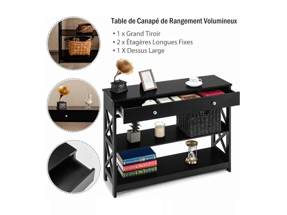 Table console, console entrée avec tiroir et 2 étagères,100 x 30 x 80 cm (noir)