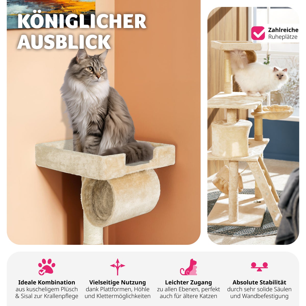 tectake Marcel 141 cm krabpaal inclusief trap, speeltouw en kantelbeveiliging