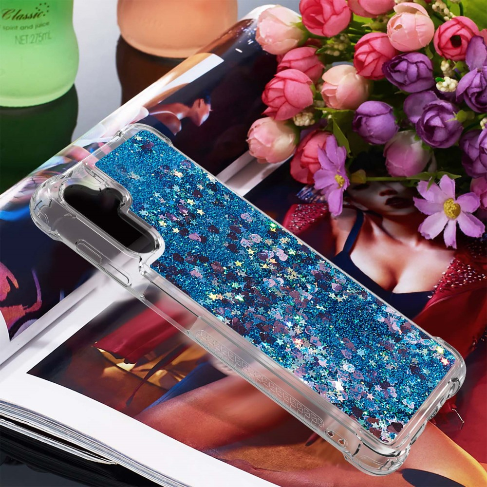 Samsung Galaxy A54 5G Hardcase Hülle mit Air Cushion Fallschutz Liquid Case Glitzer Herzen - Blau / Transparent