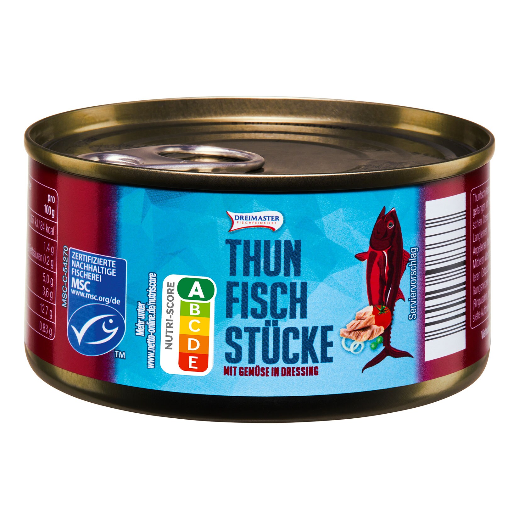 Dreimaster Thunfischstücke mit Gemüse in Dressing 185 g, 48er Pack