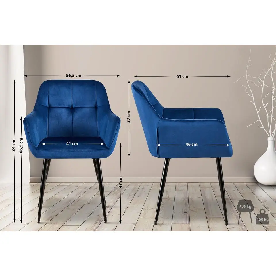 CLP Eetkamerstoel Emia zwart Frame - Fluweel - blauw