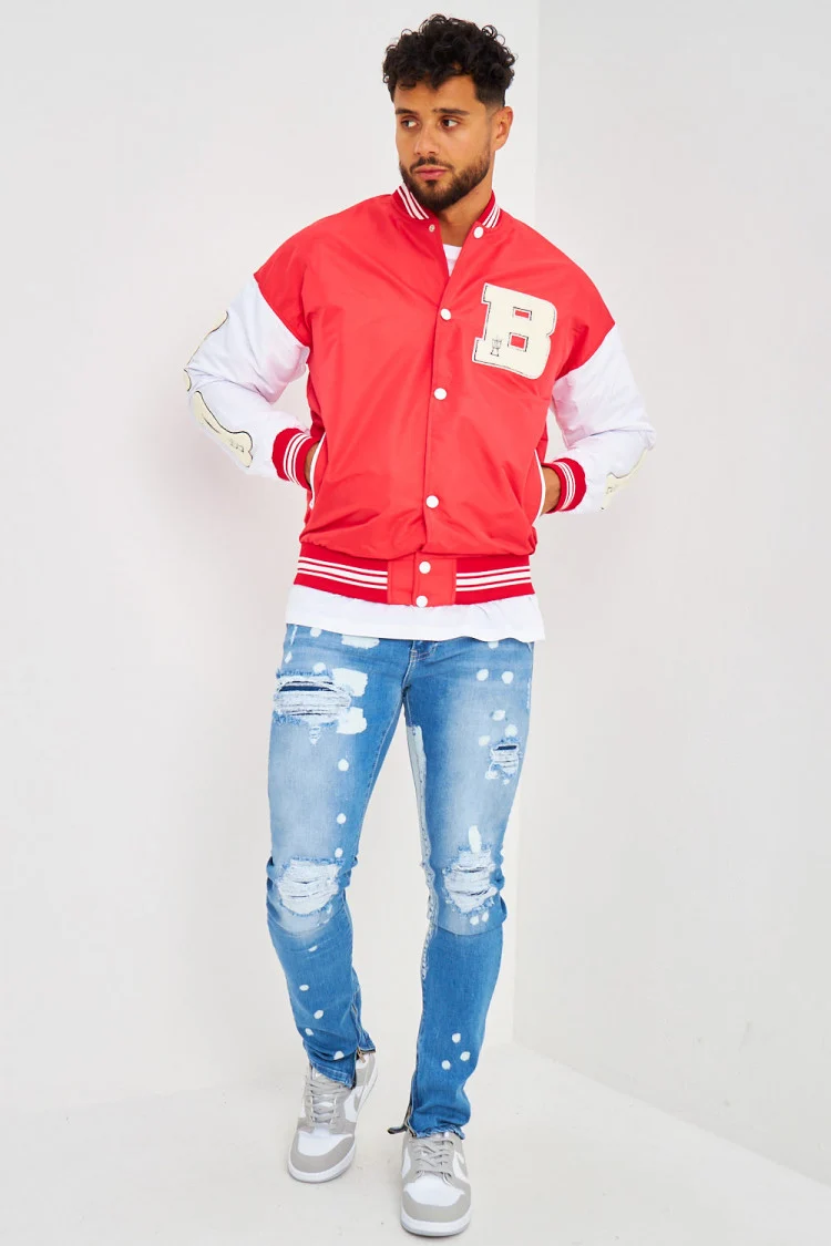 Bomber rouge manches blanches brodé 
