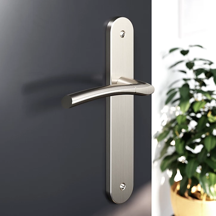 Ensemble poignée sur plaque rond GoodHome Hirel effet nickel satin gris L.128mm x l.40mm entraxe 195mm