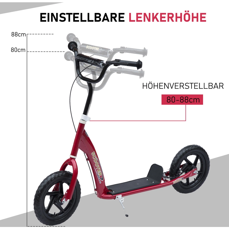 HOMCOM Kinderroller Anti-Rutsch Trittfläche, Metallfahrradständer zum Parken, rot