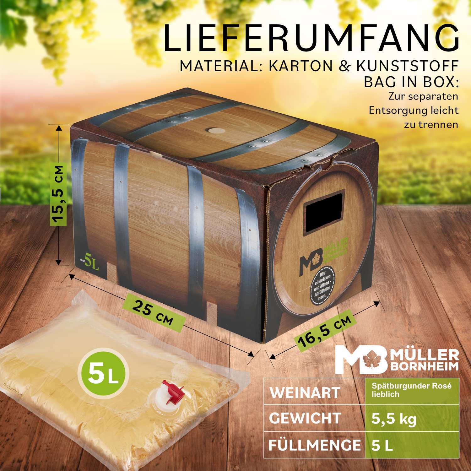 Weinhaus Müller Bornheim Pfalz Spätburgunder Rosé Wein lieblich 10,5 % vol. 5 Liter Bag in Box
