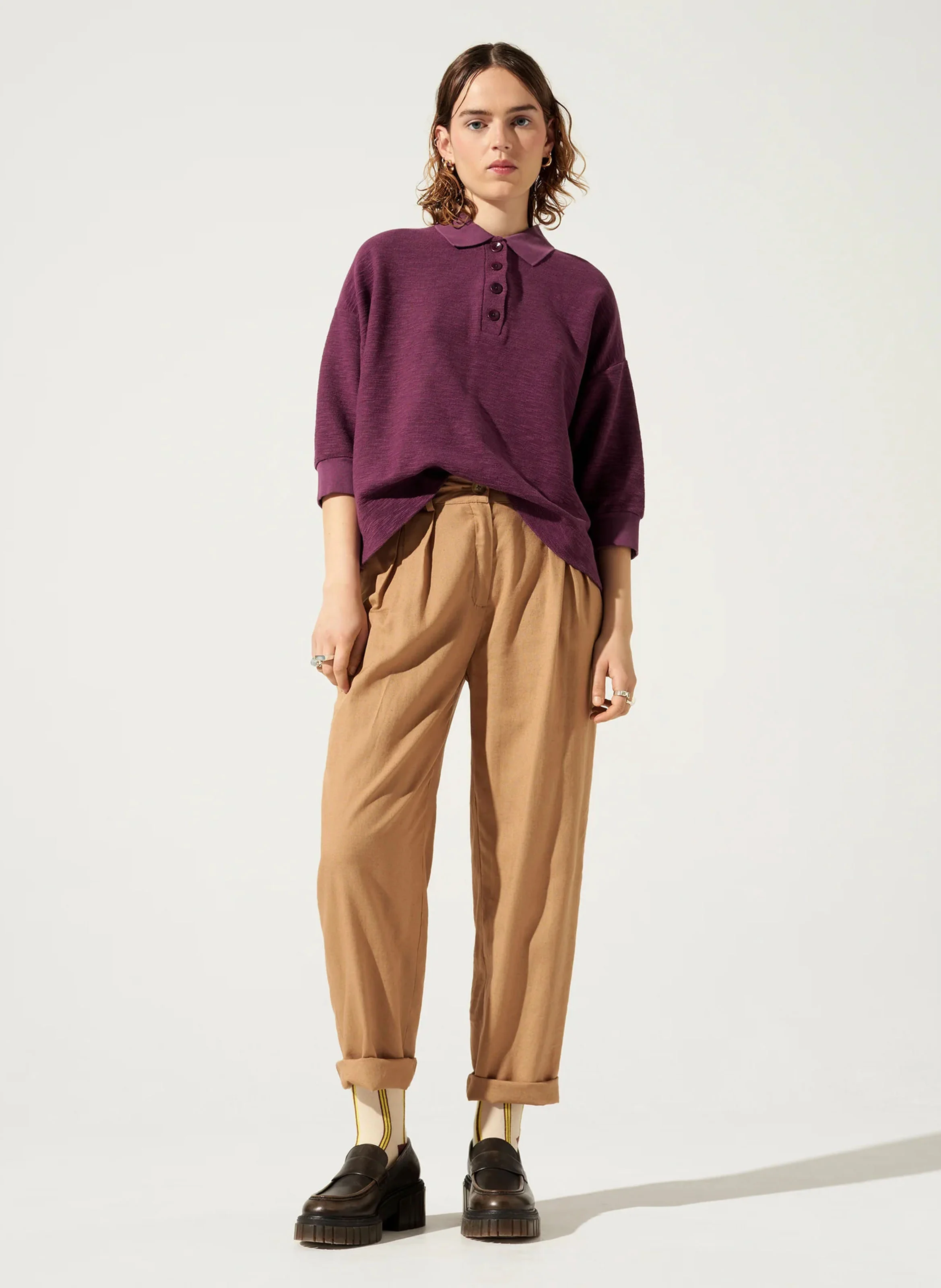 MARCIA - Polo oversized manches 3/4 en coton mélangé | Violet