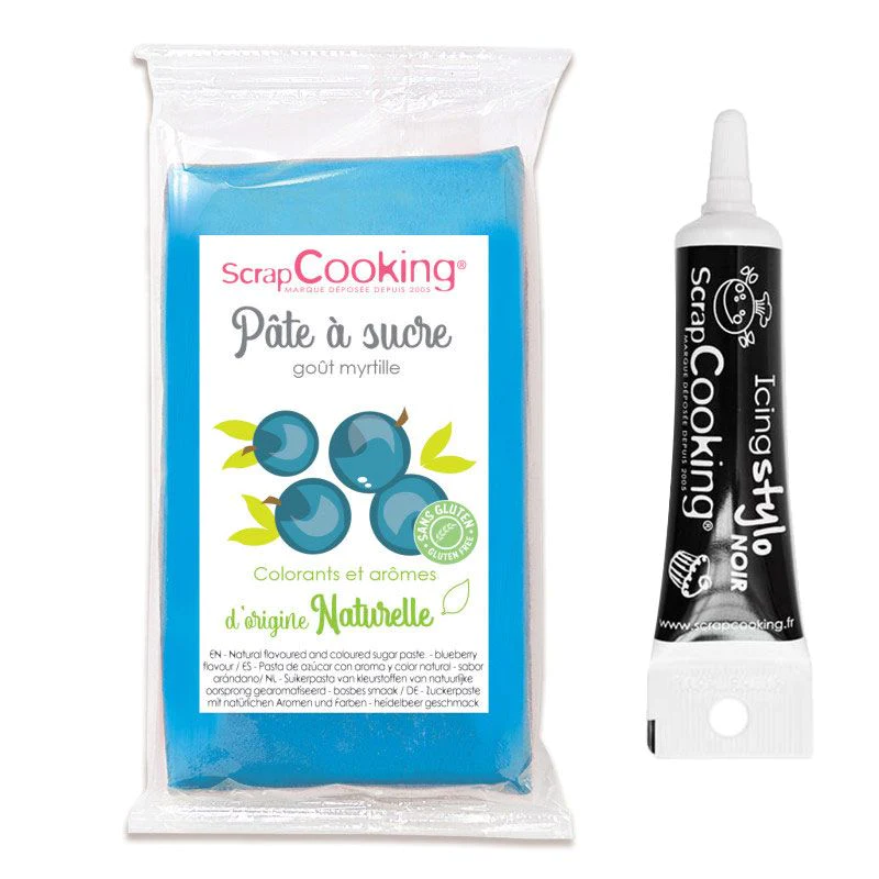 Pâte à sucre bleu sans gluten myrtille 250 g + Stylo de glaçage noir S