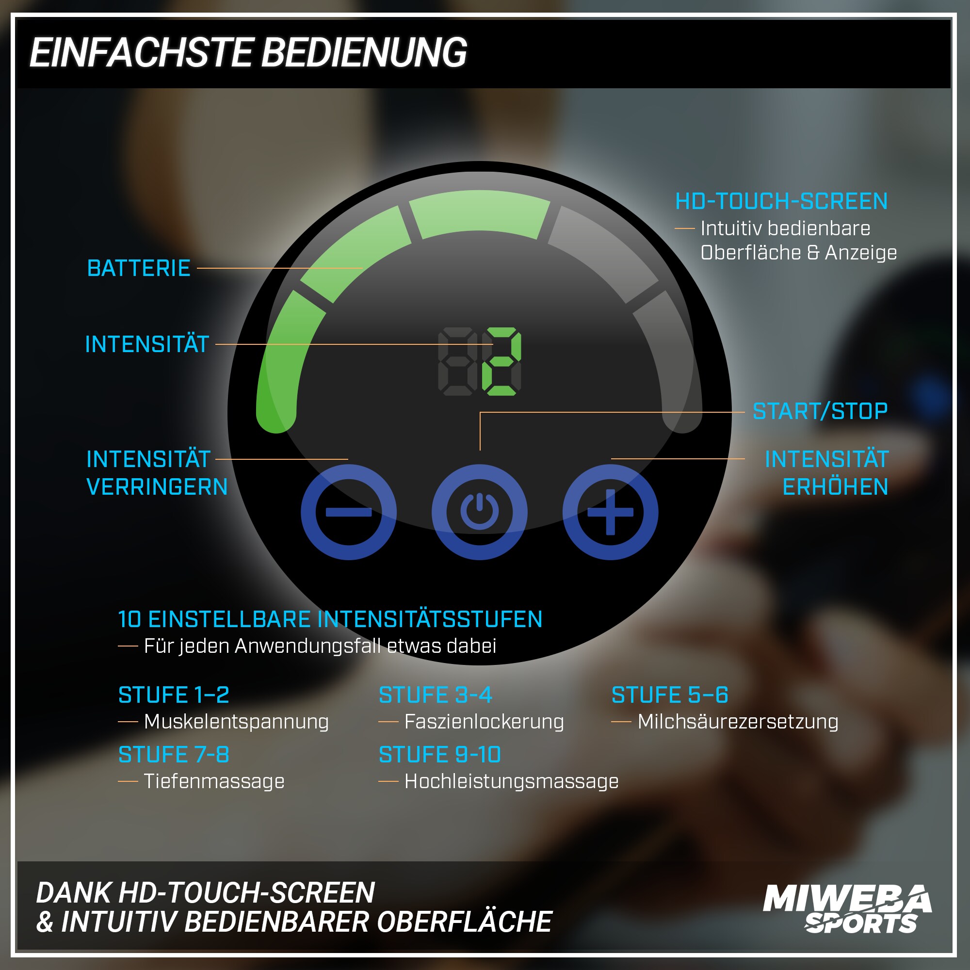 Miweba Sports Massagepistole MM100, Massage-Gun 2500 mAh für Faszien-Muskelmassage mit 6 Aufsätzen (Schwarz/Gold)