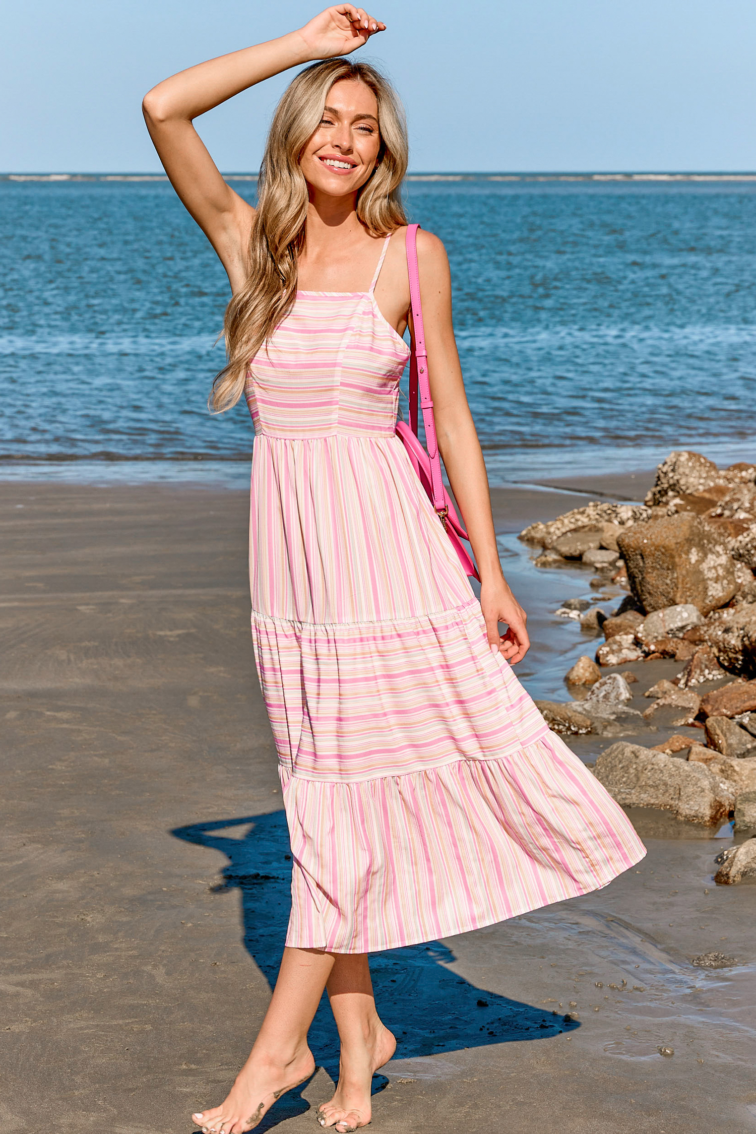 Robe maxi à col carré et rayures variées rose