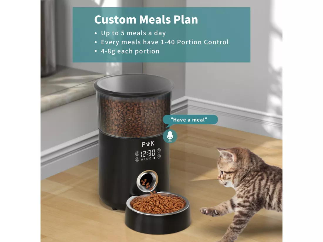 p&k LCD Distributeur Croquettes 4L Chats/Chiens Distributeur Automatique de Nourriture avec Bol en Inox Fonction d'enregistrement 5 Repas/Jour,Noir