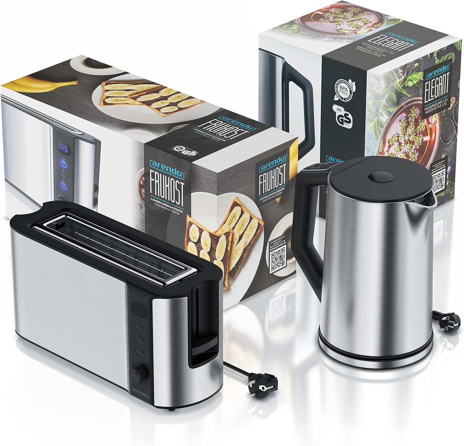 Arendo - Wasserkocher mit Toaster SET, Edelstahl Silber Wasserkocher 1,5L 40° - 100°C Warmhaltefunktion Toaster 2 Scheiben Display 6 Bräunungsgrade Brötchaufsatz