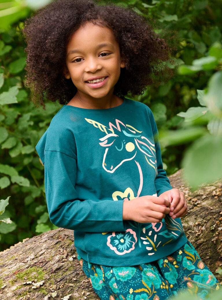 T-shirt bleu canard à motif licorne pour fille