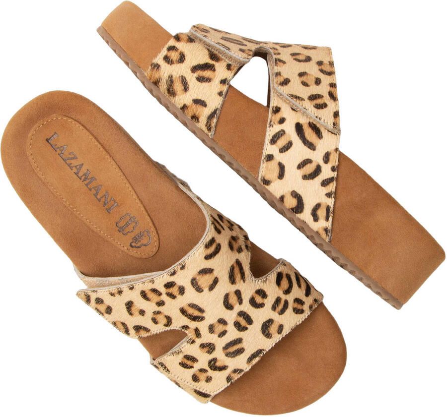 Lazamani Mille slippers met plateauzool en panterprint beige