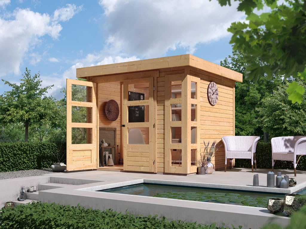 Karibu Gartenhaus | Gerätehaus mit 19 mm Wandstärke | Doppeltür mit Lichtausschnitten + Fenster | Schuppen mit 5,26 m² Grundfläche | Steck-/Schraubsystem | Naturbelassen | 242 x 217 x 211 cm