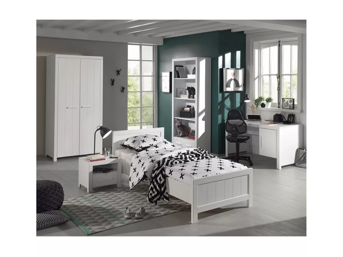 GASTON - Lit 90x200cm + Chevet + Armoire 2P + Pack Bureau