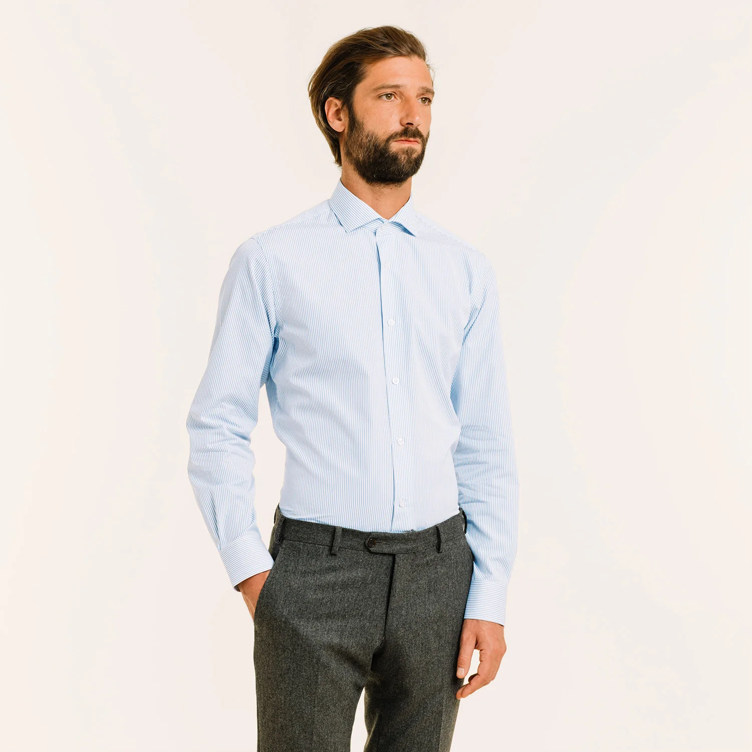 Double-twisted poplin shirt with fine blue stripes