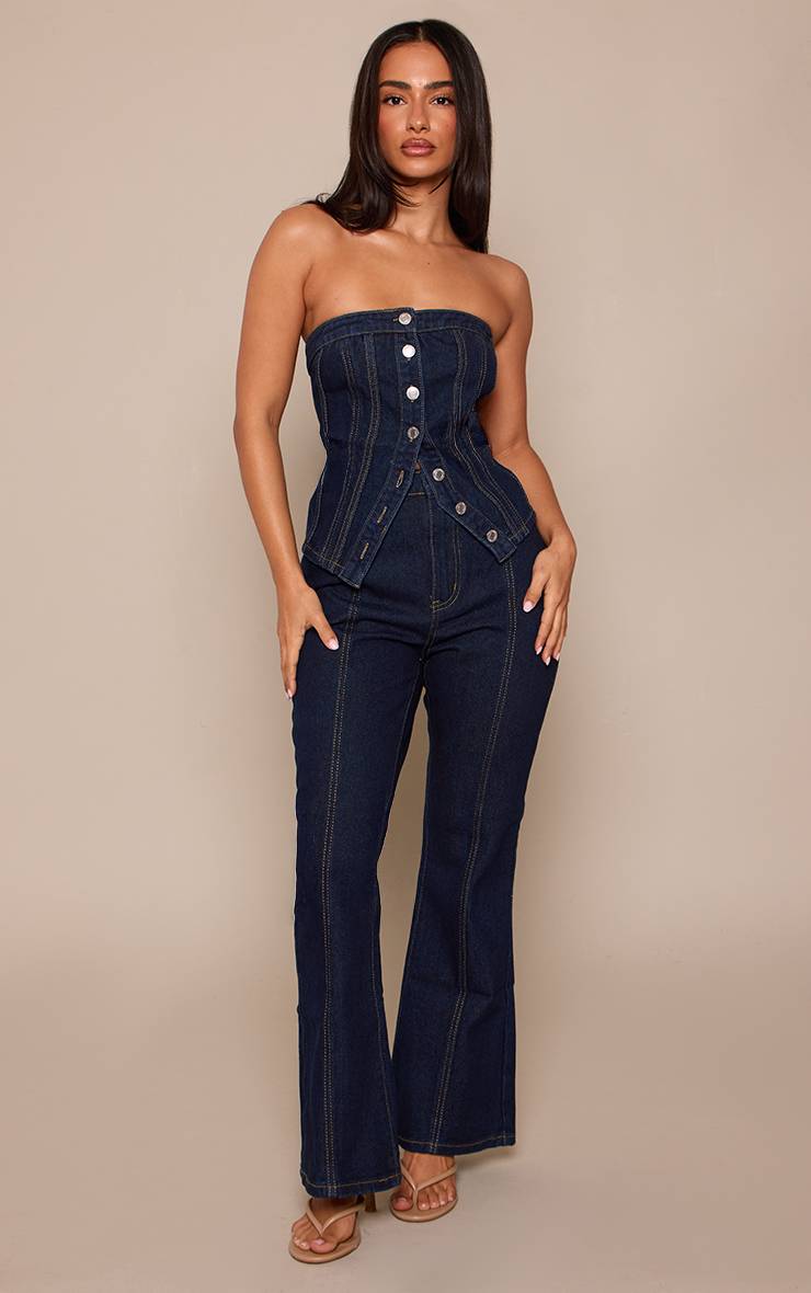 Bleu Indigo Foncé Corset Bustier Petite À Coutures Contrastées