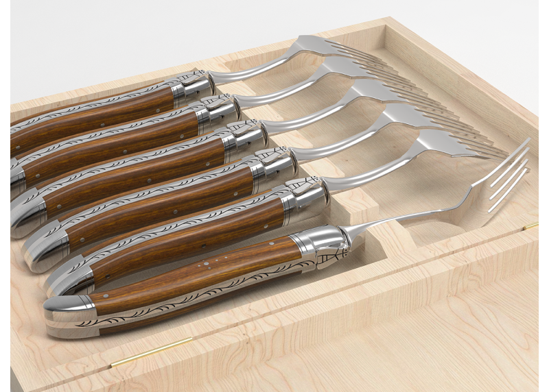 Service de 6 fourchettes Laguiole avec un manche en bois de gaïac et mitres en acier inoxydable