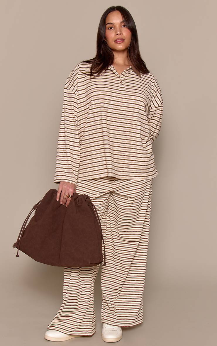 Light Brown Haut Grande Taille À Manches Longues Côtelé Doux Avec Détails Rayés Et Col