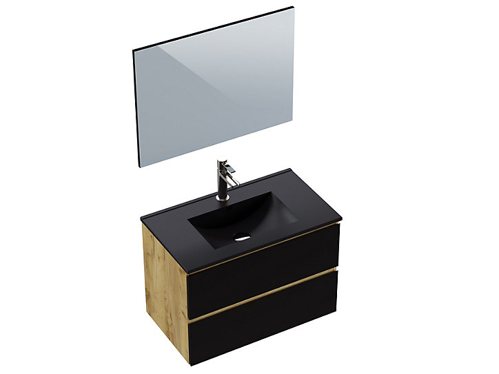 Meuble de salle de bains sous vasque à suspendre l.80 cm noir mat Milenio + plan vasque en résine noire + miroir