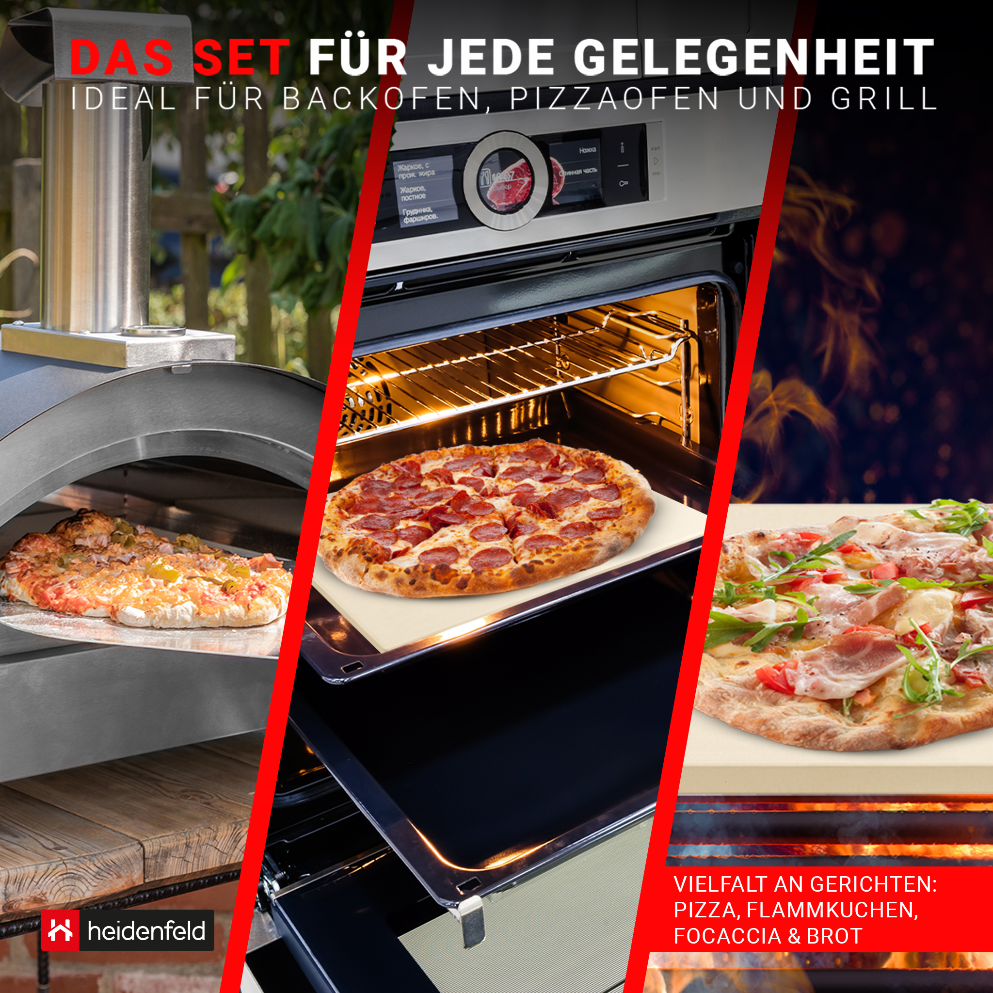 Heidenfeld 5in1 Pizza-Set, Pizzastein, 2in1 Pizzaschieber, Pizzaschneider, Holzgriffe, Pizza-Zubehör