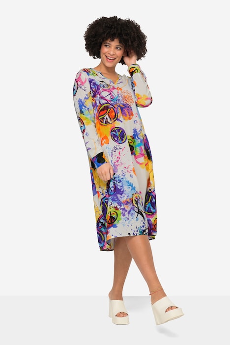 Kleid, Straight Fit, Peace-Motive, Tunika-Ausschnitt, Langarm