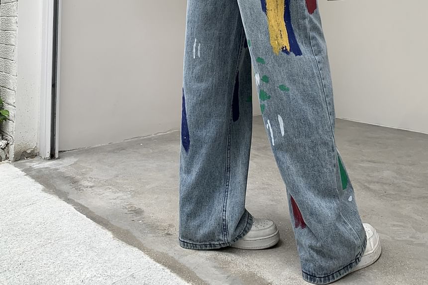 Cerauno - High Waist Brush Print Washed Distressed Wide Leg Jeans