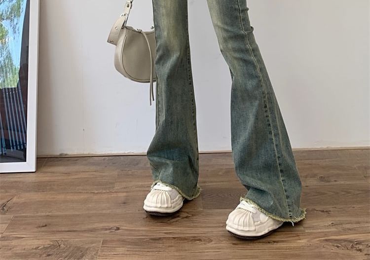 Hanji - Low Rise Washed Frayed Flared Jeans