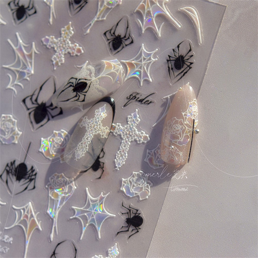 (56-tlg. Set) Nagel Sticker Nail Art Tattoo Selbstklebende Halloween Aufkleber Gothic Muster - Weiss / Schwarz