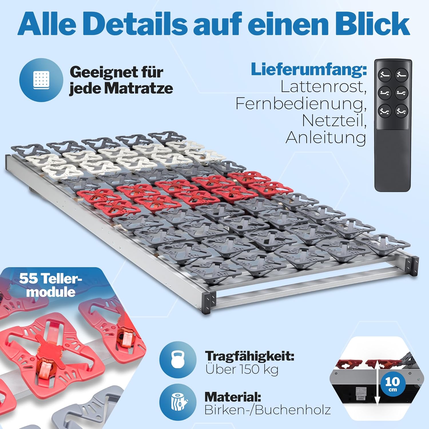 Wolke10 elektrischer Lattenrost 80x200 – Schlafen wie auf Wolken durch 55 Flexible Tellermodule – Perfekte Rücken & Beinposition – Lattenrost elektrisch verstellbar Made in Germany